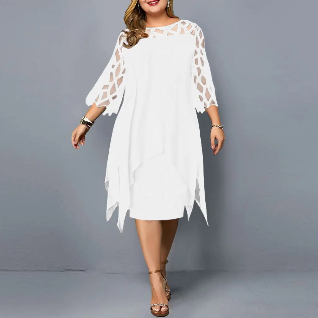 White Chiffon Lace Dress with Seven Sleeves - Image 7