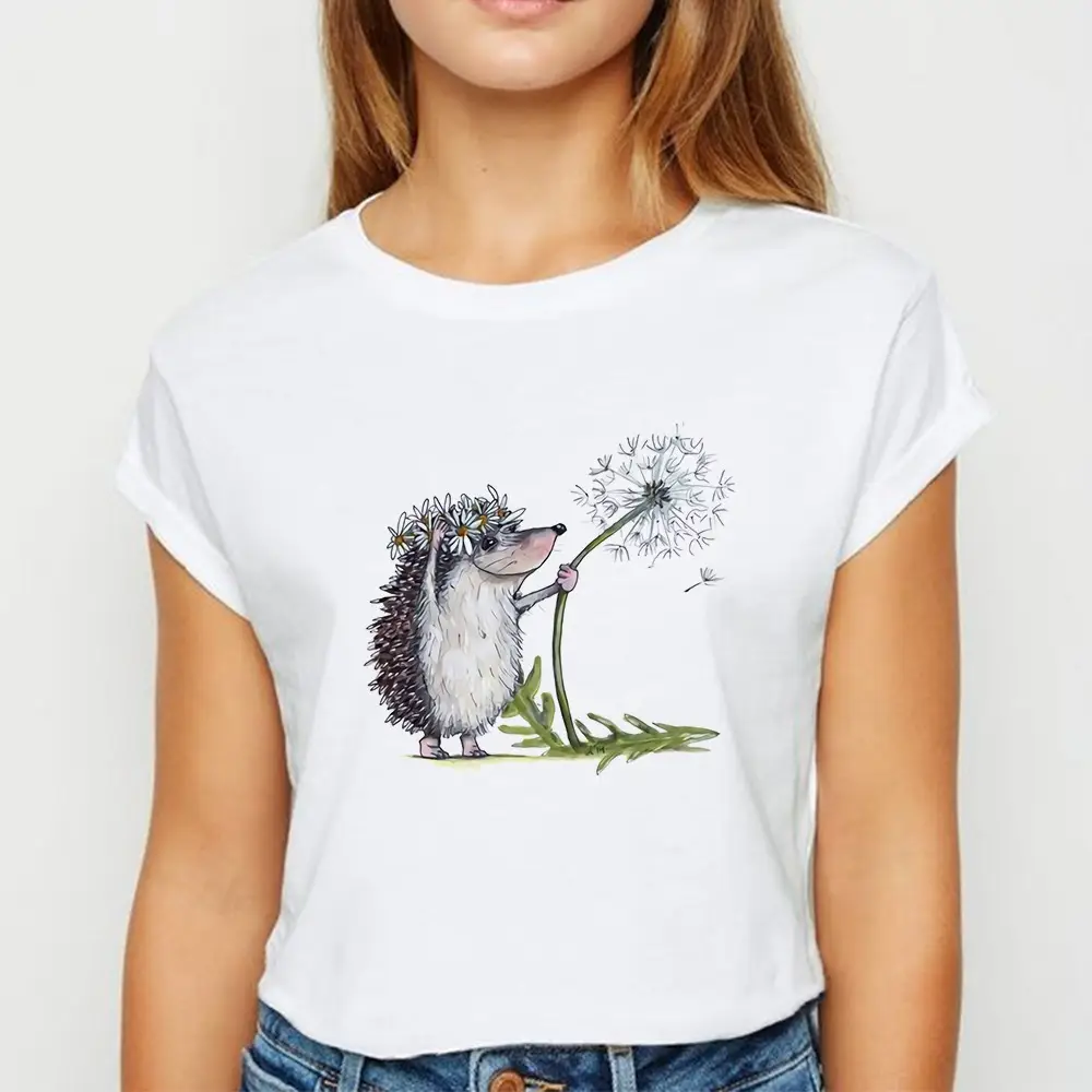 Women's Short Sleeve Cartoon Hedgehog T-Shirt White - Image 12