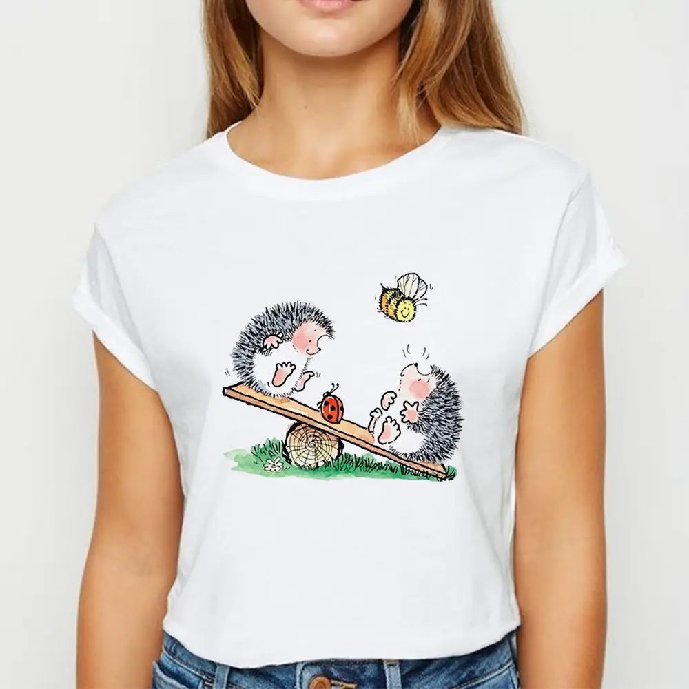 Women's Short Sleeve Cartoon Hedgehog T-Shirt White - Image 13