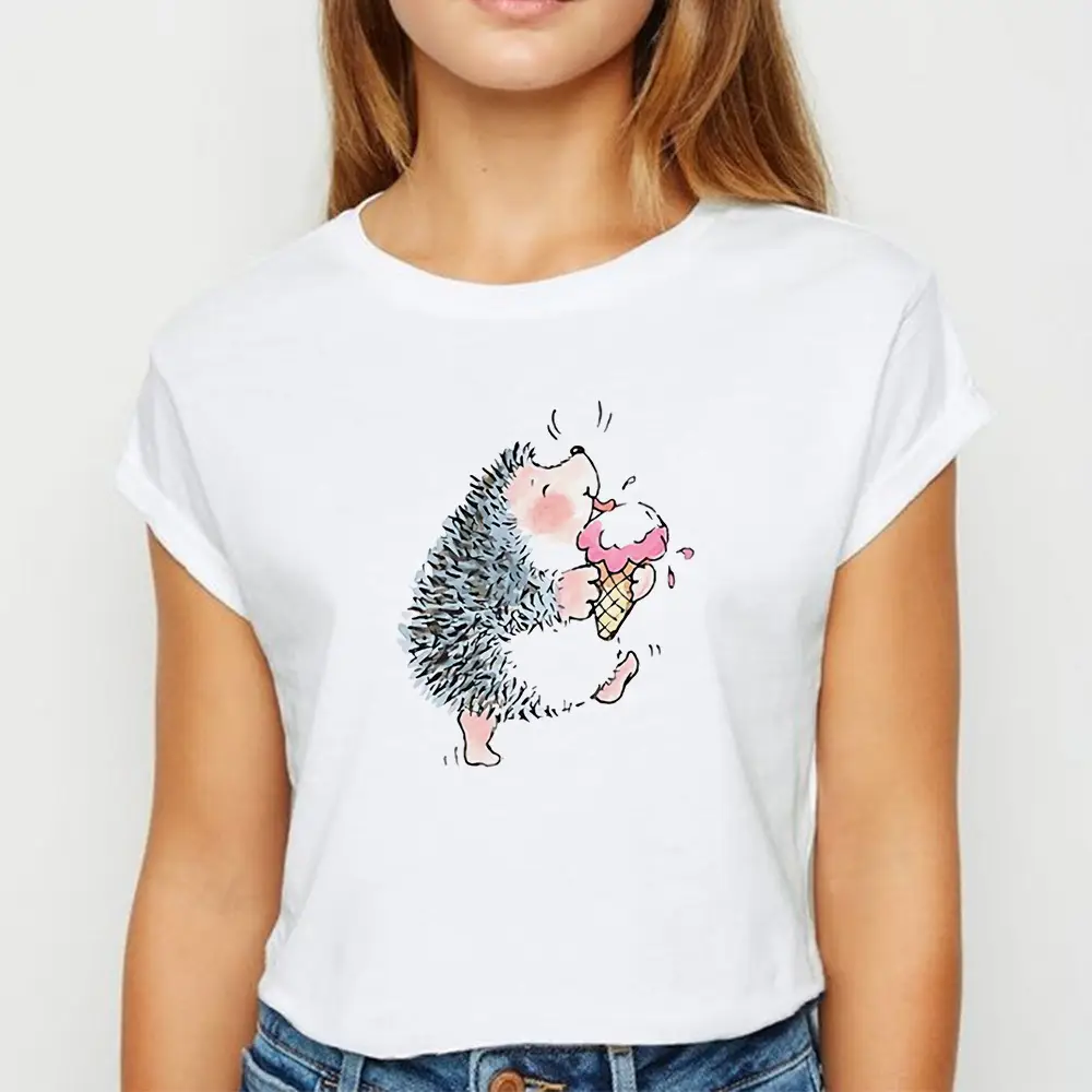 Women's Short Sleeve Cartoon Hedgehog T-Shirt White - Image 14