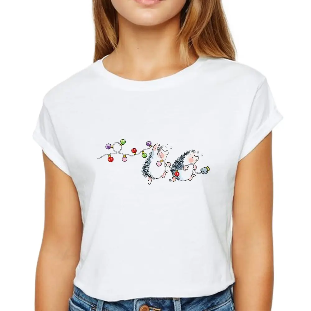 Women's Short Sleeve Cartoon Hedgehog T-Shirt White - Image 15