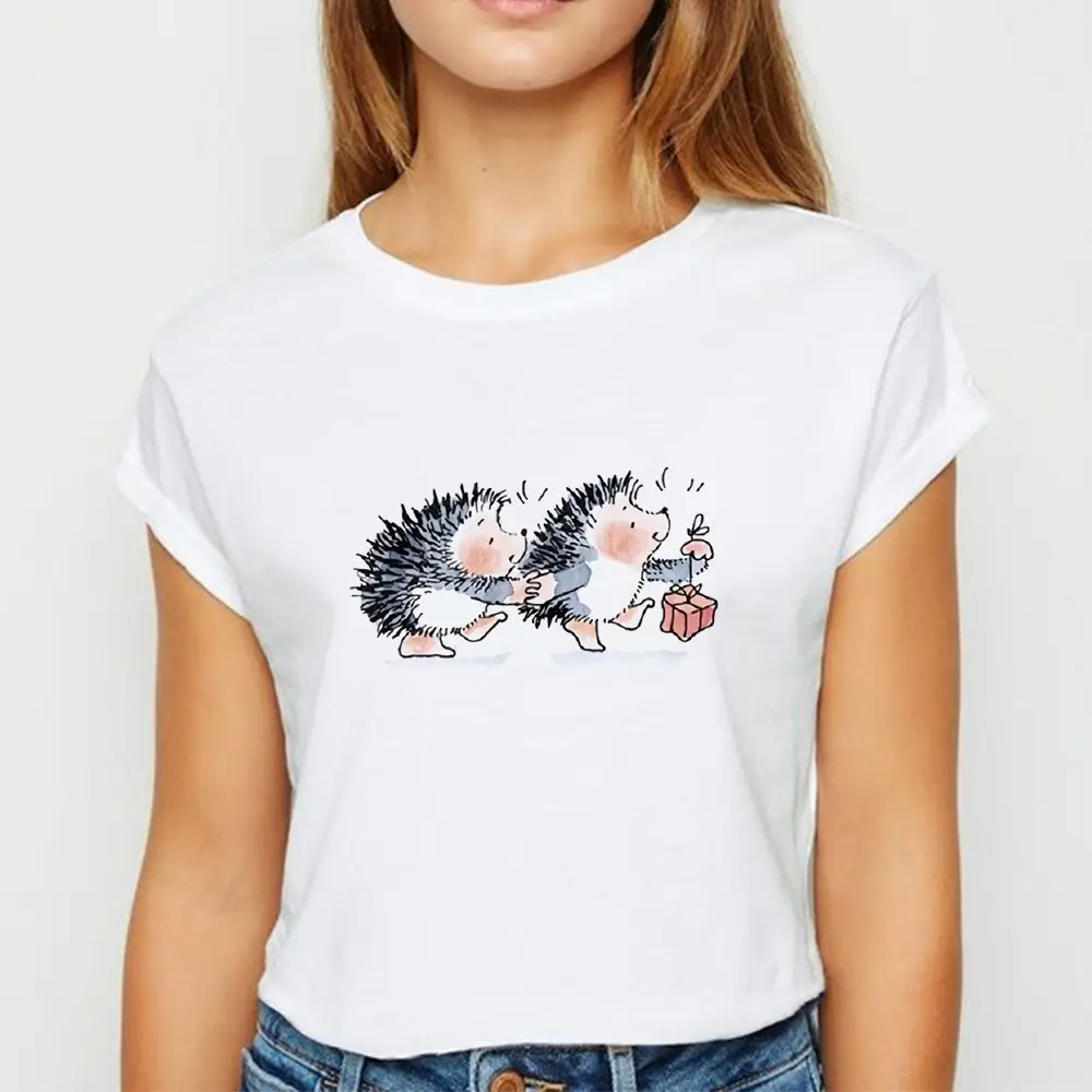 Women's Short Sleeve Cartoon Hedgehog T-Shirt White - Image 10