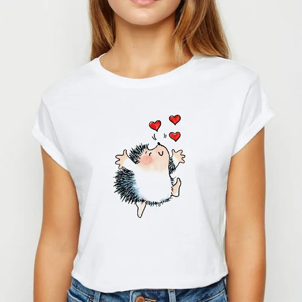 Women's Short Sleeve Cartoon Hedgehog T-Shirt White - Image 4