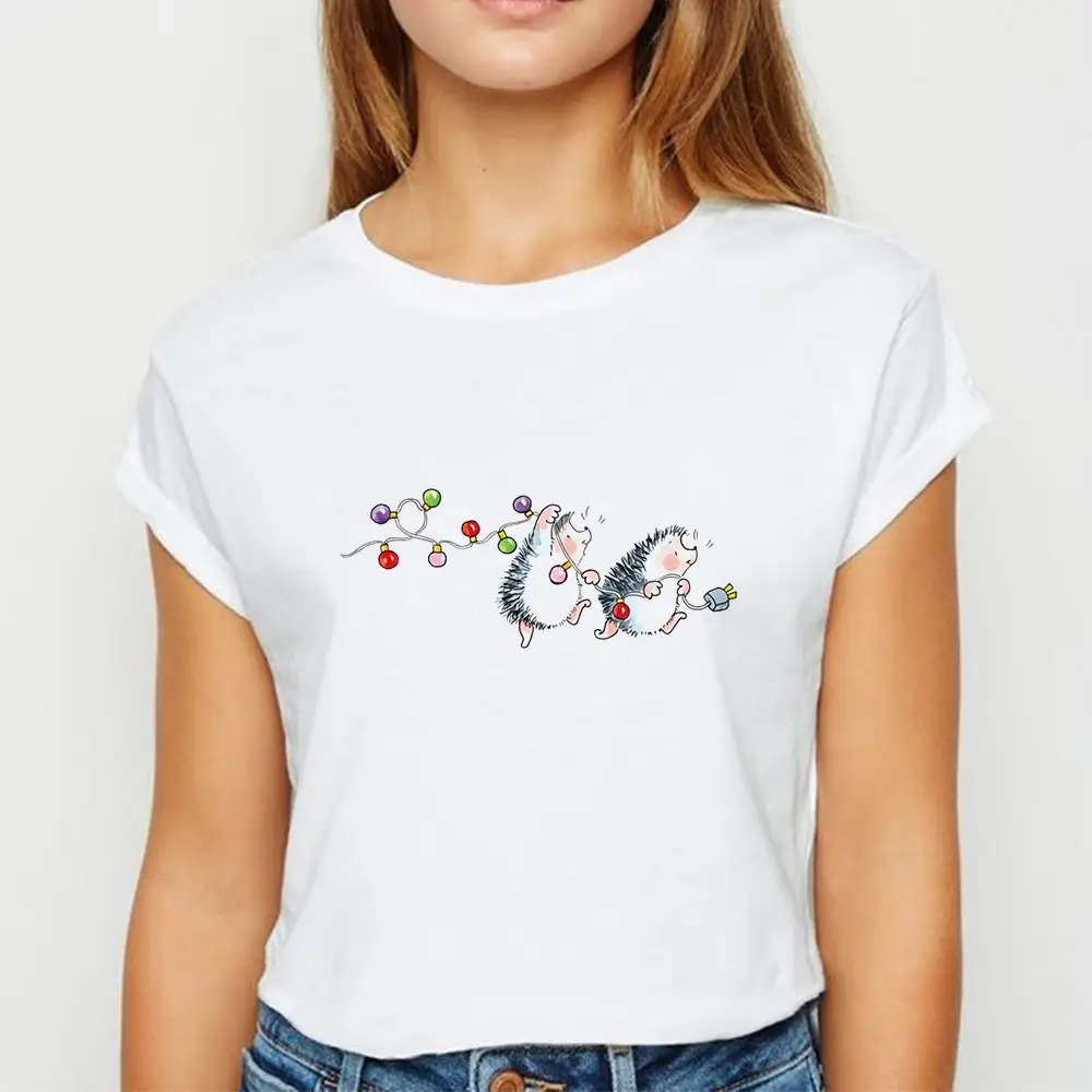Women's Short Sleeve Cartoon Hedgehog T-Shirt White - Image 5