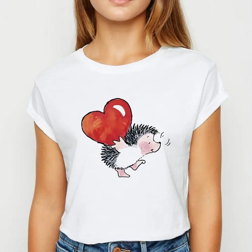 Women's Short Sleeve Cartoon Hedgehog T-Shirt White - Image 6
