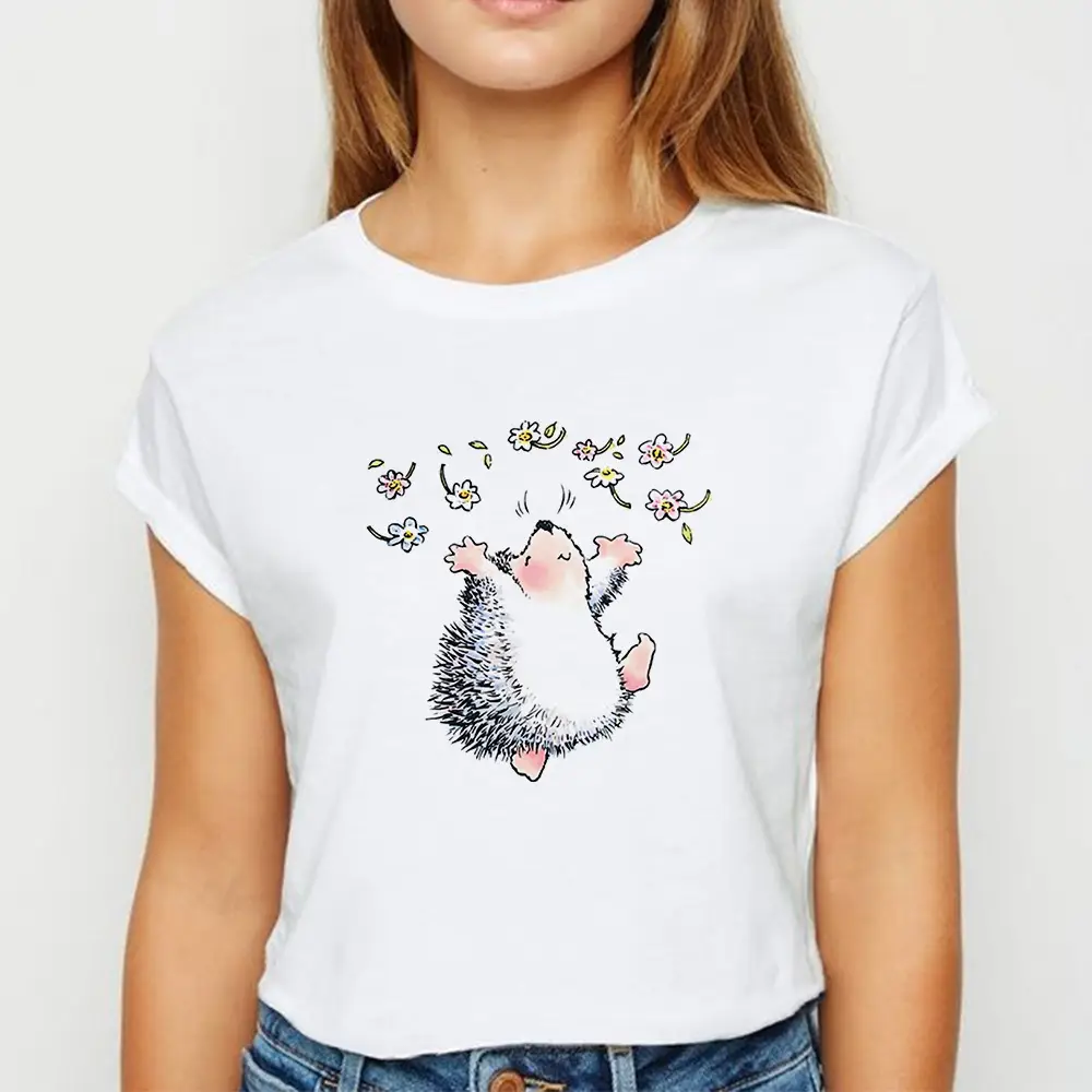 Women's Short Sleeve Cartoon Hedgehog T-Shirt White - Image 7