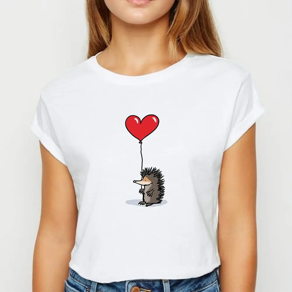 Women's Short Sleeve Cartoon Hedgehog T-Shirt White - Image 8