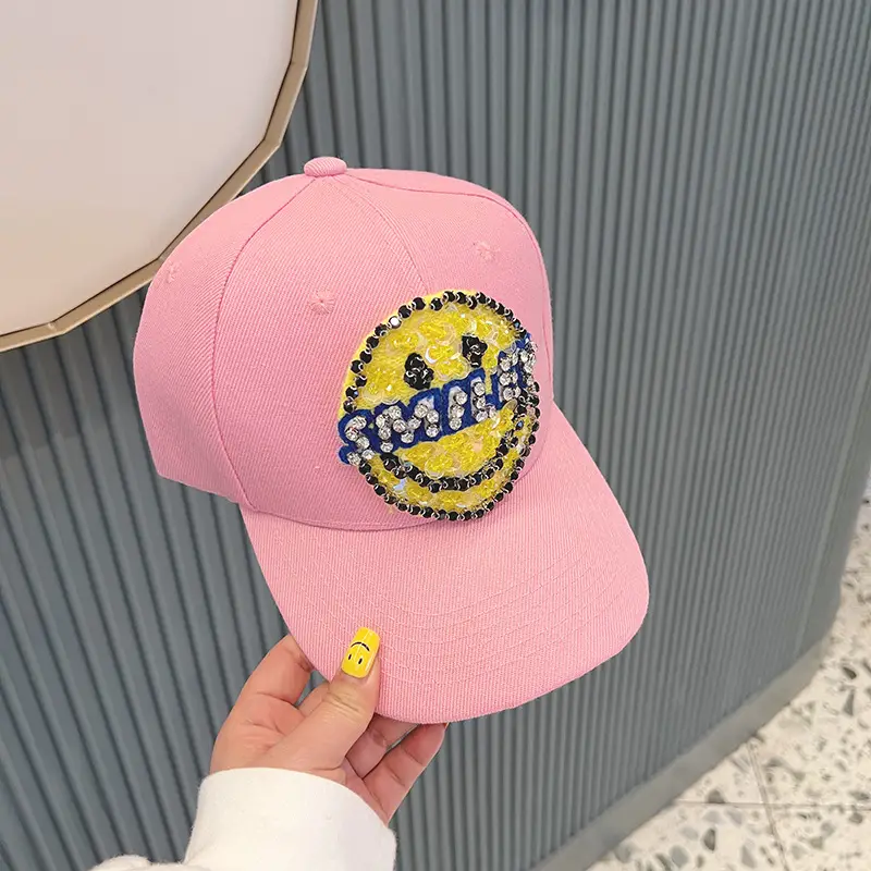 Women Baseball Cap with Large Smiley Sequins Rhinestones Brown - Image 2