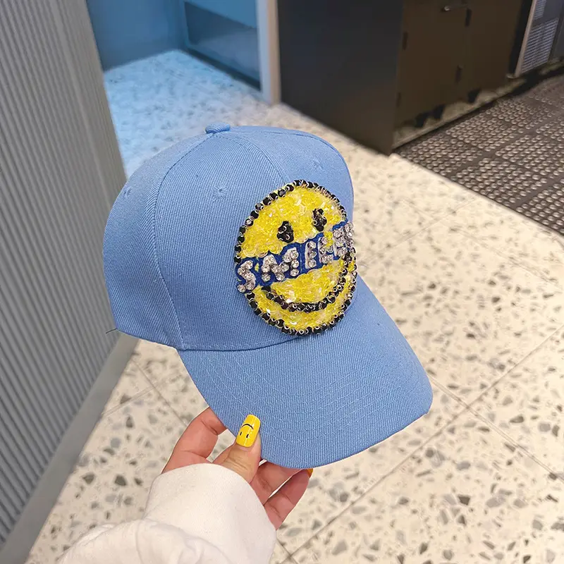 Women Baseball Cap with Large Smiley Sequins Rhinestones Brown - Image 3