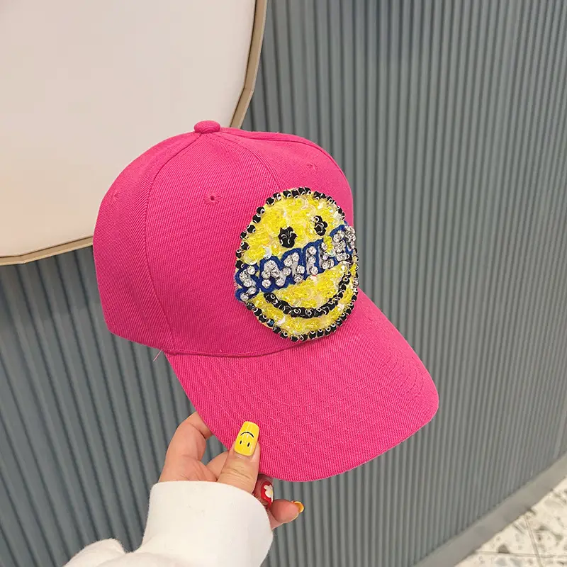 Women Baseball Cap with Large Smiley Sequins Rhinestones Brown - Image 4