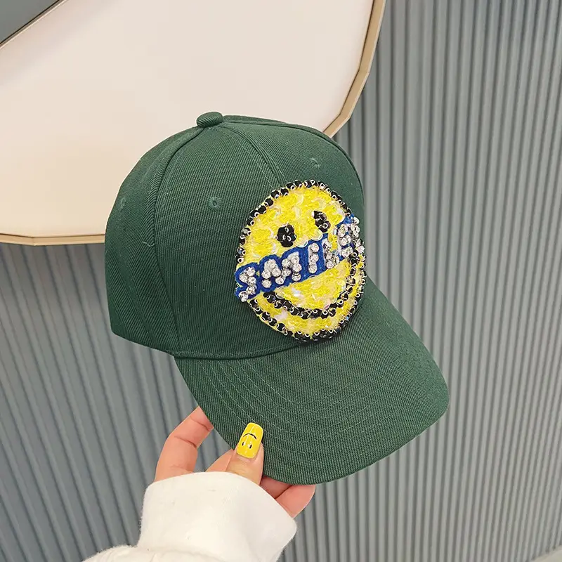Women Baseball Cap with Large Smiley Sequins Rhinestones Brown - Image 6