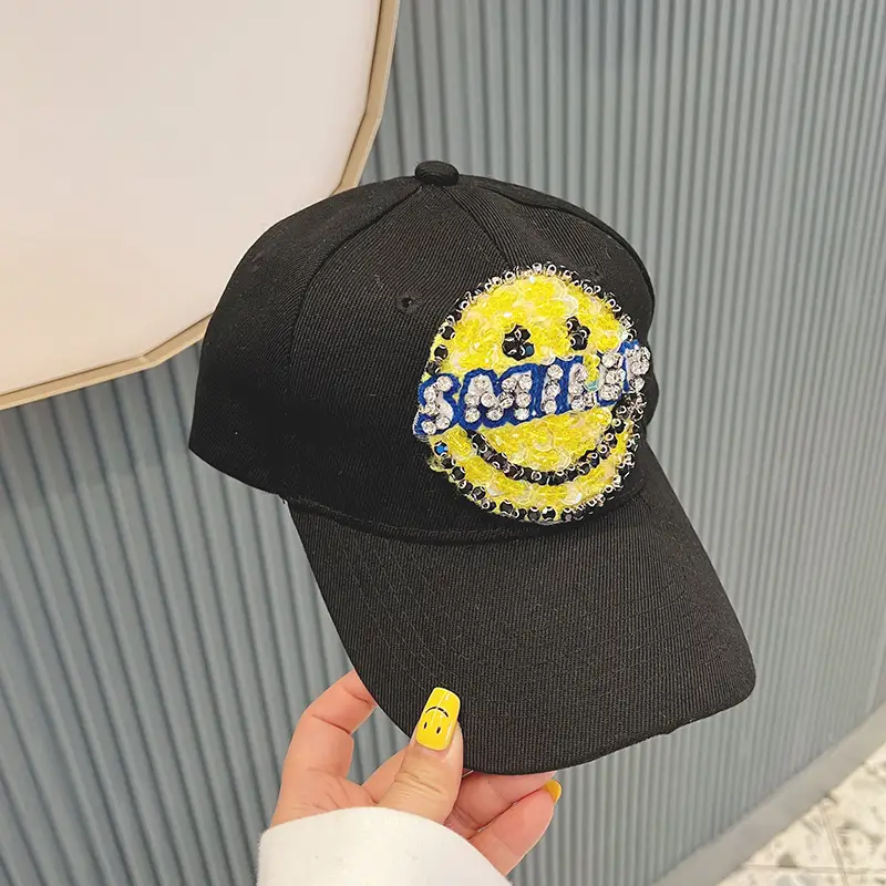 Women Baseball Cap with Large Smiley Sequins Rhinestones Brown - Image 7