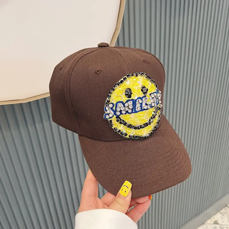Women Baseball Cap with Large Smiley Sequins Rhinestones Brown - Image 8