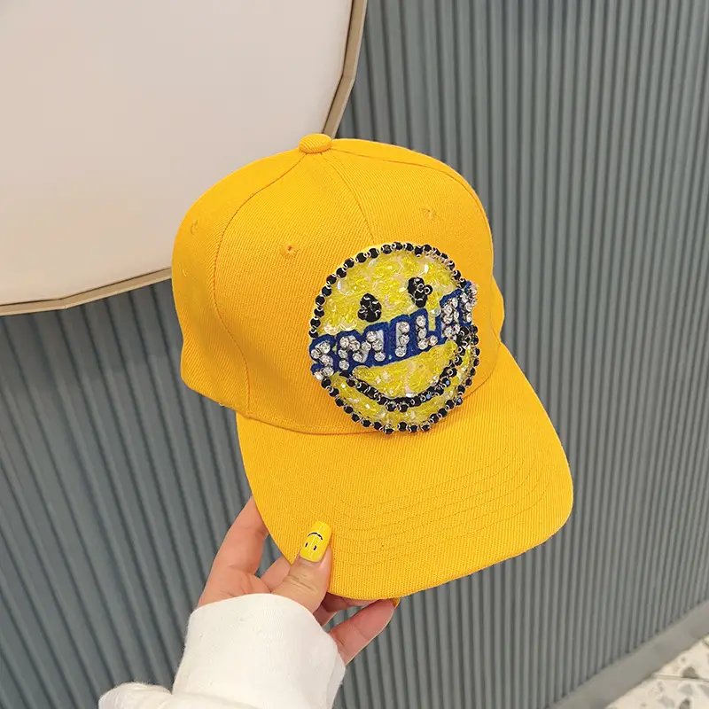 Women Baseball Cap with Large Smiley Sequins Rhinestones Brown - Image 9