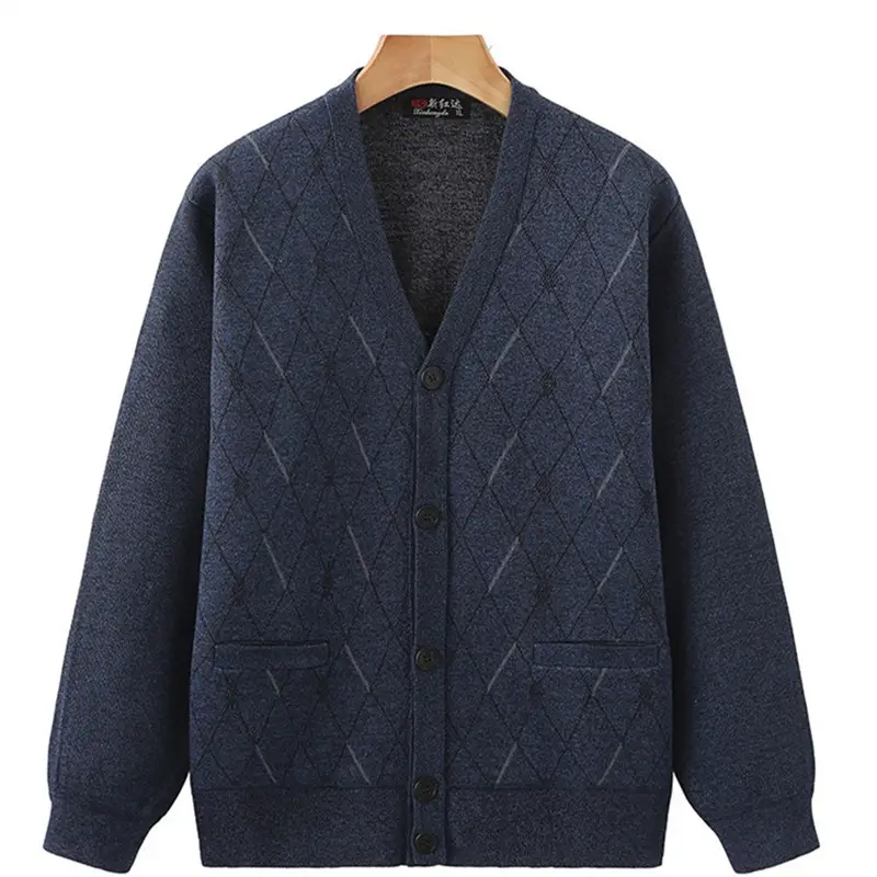 Men's V-Neck Knit Cardigan Brown Jacquard - Image 4