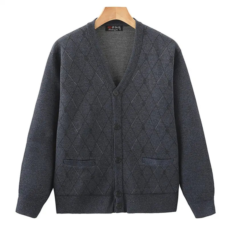 Men's V-Neck Knit Cardigan Brown Jacquard - Image 2
