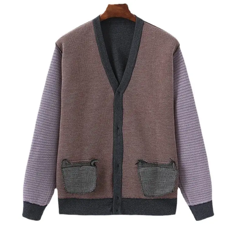 Men's V-Neck Knit Cardigan Brown Jacquard - Image 5