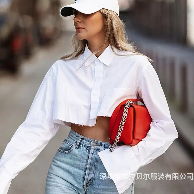 Women European American Ins Loose Asymmetrical High Waist Navel-Baring Lapel Buttoned Cardigan Shirt - Image 4