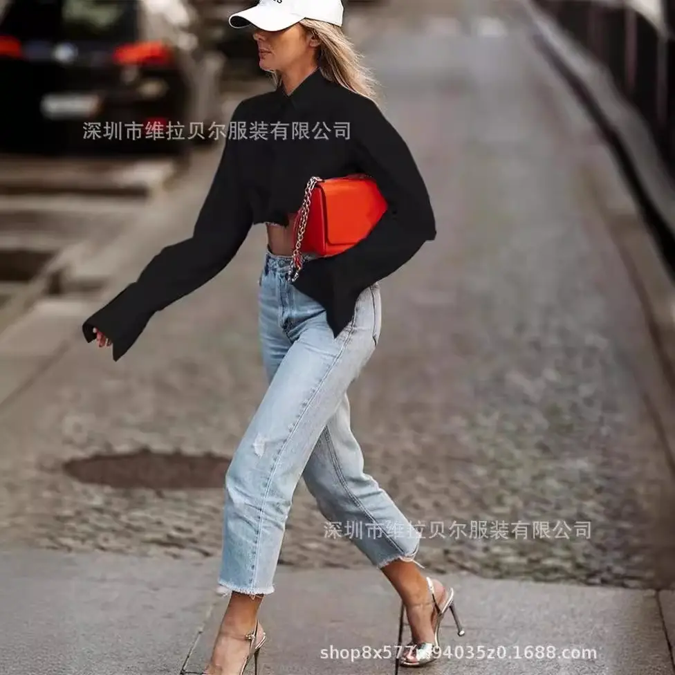 Women European American Ins Loose Asymmetrical High Waist Navel-Baring Lapel Buttoned Cardigan Shirt - Image 5
