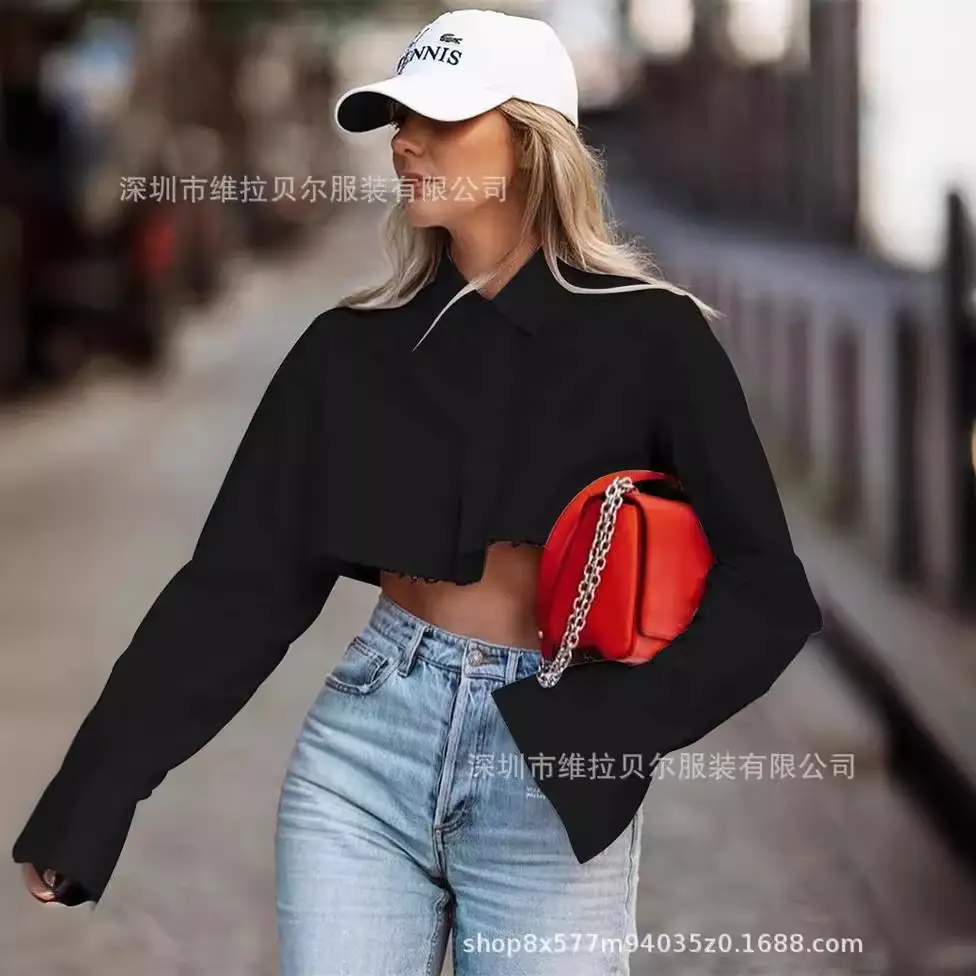 Women European American Ins Loose Asymmetrical High Waist Navel-Baring Lapel Buttoned Cardigan Shirt - Image 6