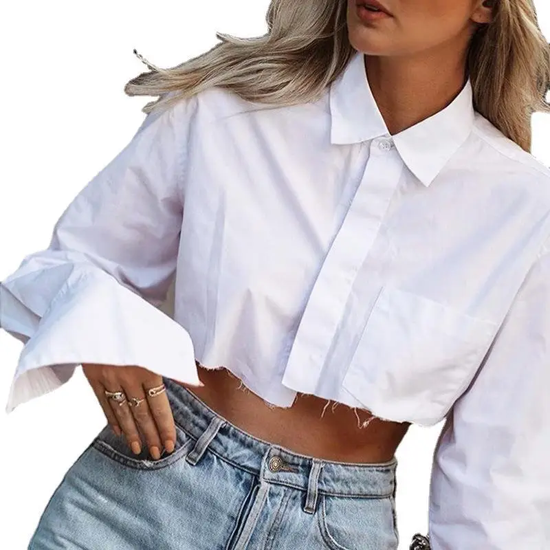 Women European American Ins Loose Asymmetrical High Waist Navel-Baring Lapel Buttoned Cardigan Shirt - Image 7