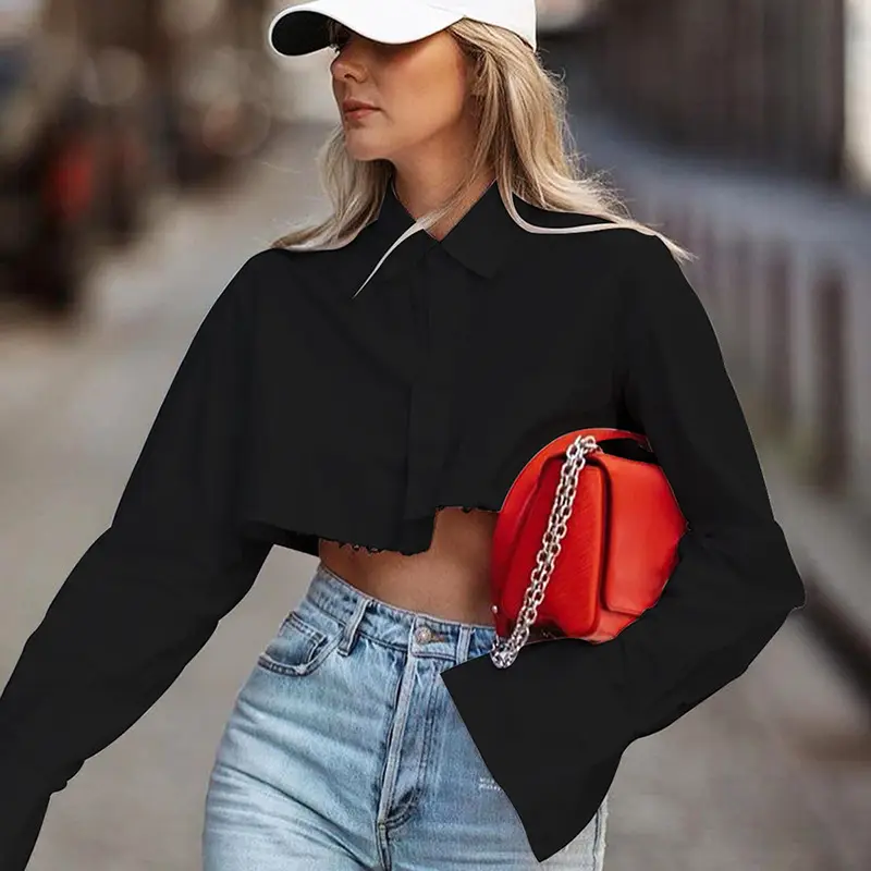 Women European American Ins Loose Asymmetrical High Waist Navel-Baring Lapel Buttoned Cardigan Shirt - Image 2