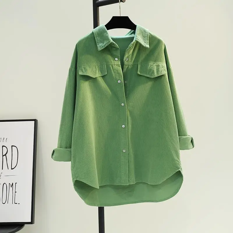 Women's Green Corduroy Button Shirt 2022 Spring - Image 5