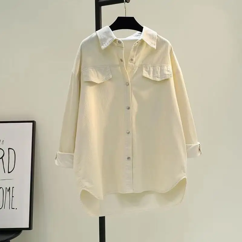 Women's Green Corduroy Button Shirt 2022 Spring - Image 3