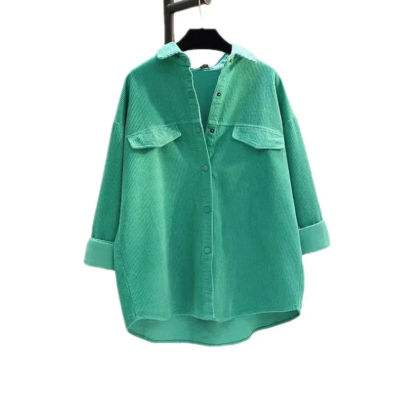 Women's Green Corduroy Button Shirt 2022 Spring - Image 6