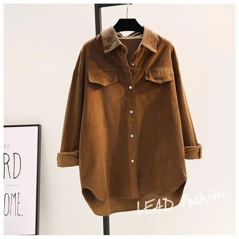 Women's Green Corduroy Button Shirt 2022 Spring — feature 17