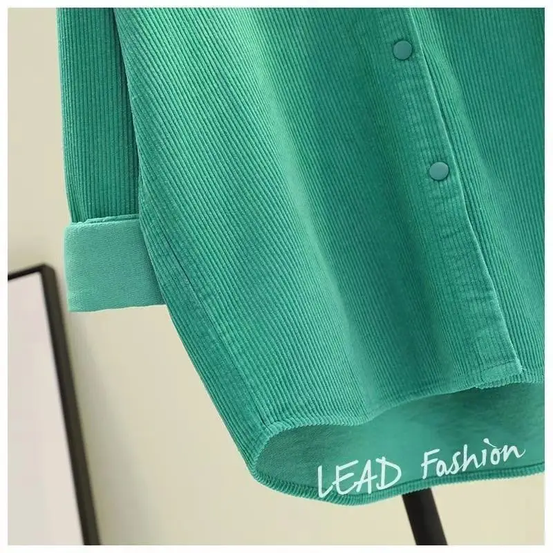 Women's Green Corduroy Button Shirt 2022 Spring — feature 24