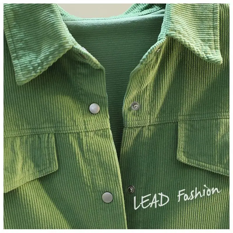 Women's Green Corduroy Button Shirt 2022 Spring — feature 6