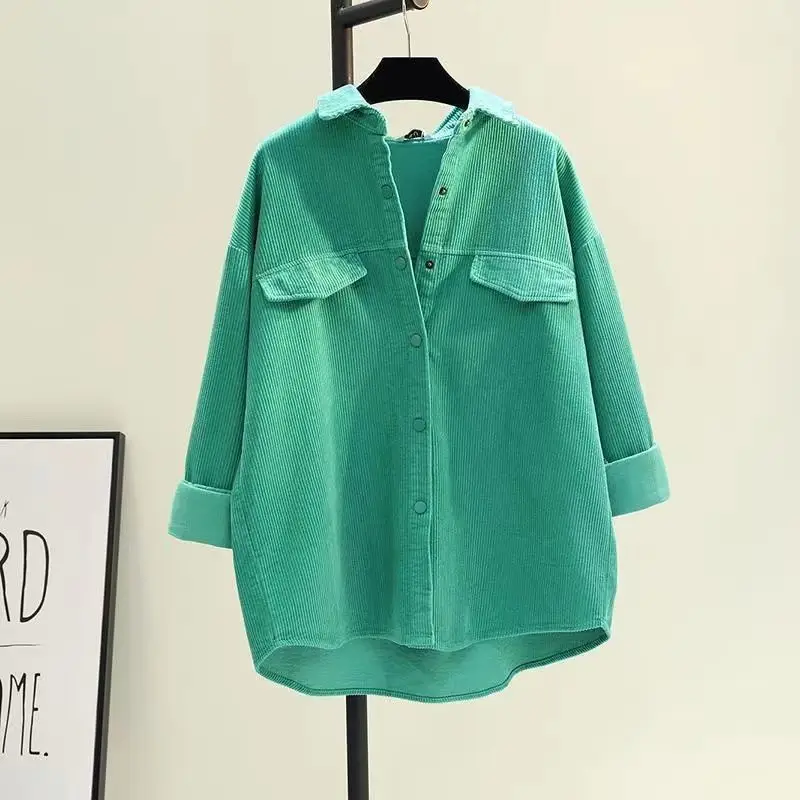 Women's Green Corduroy Button Shirt 2022 Spring - Image 4