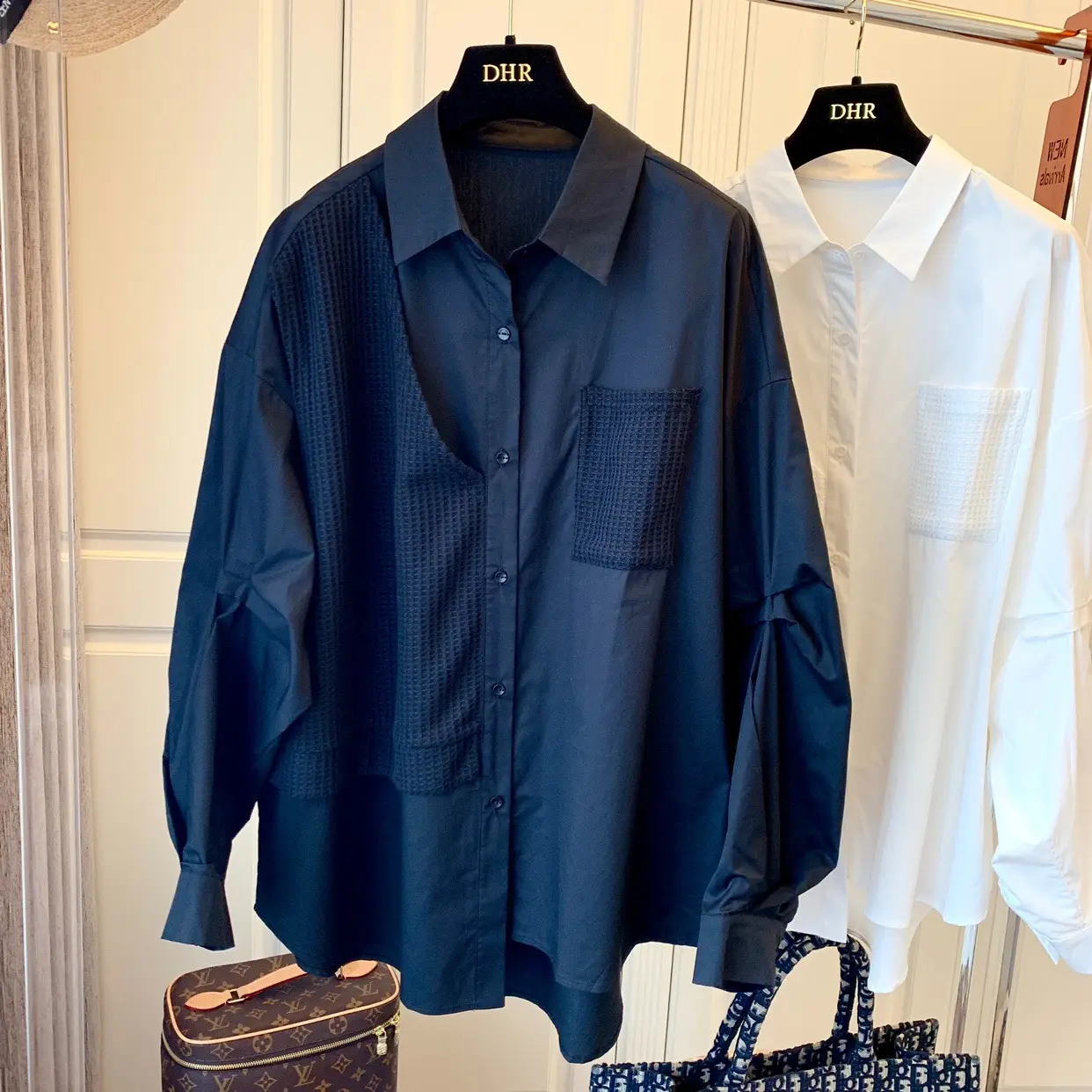 2026 Women Patchwork Waffle Shirt Navy Blue Loose Casual - Image 2