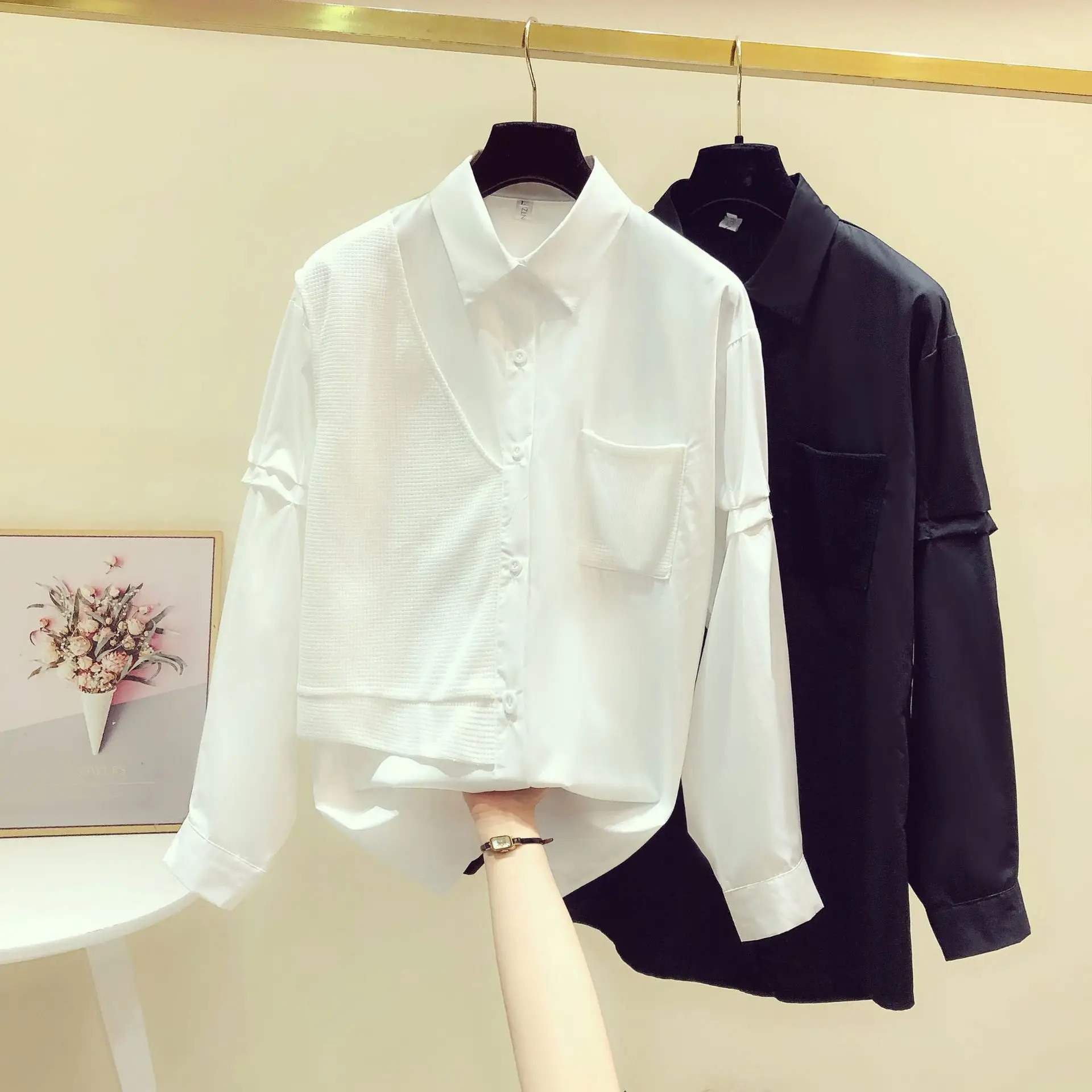 2026 Women Patchwork Waffle Shirt Navy Blue Loose Casual - Image 6