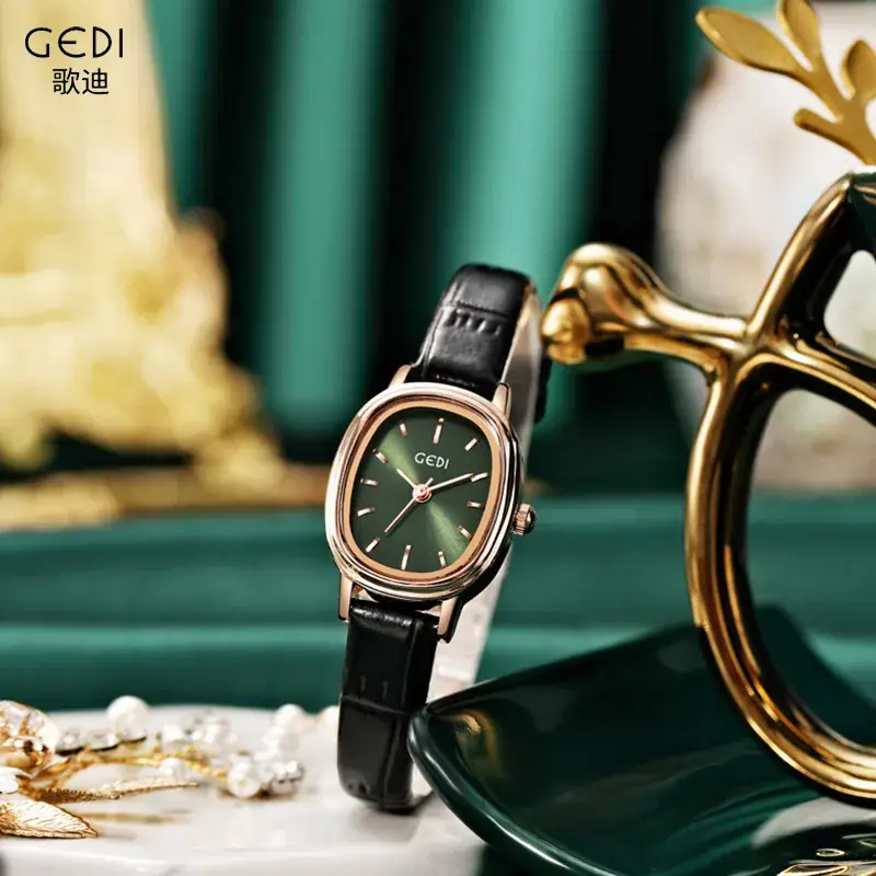 Women's Gold Retro Watch with Green Dial & Genuine Leather Band - Image 10