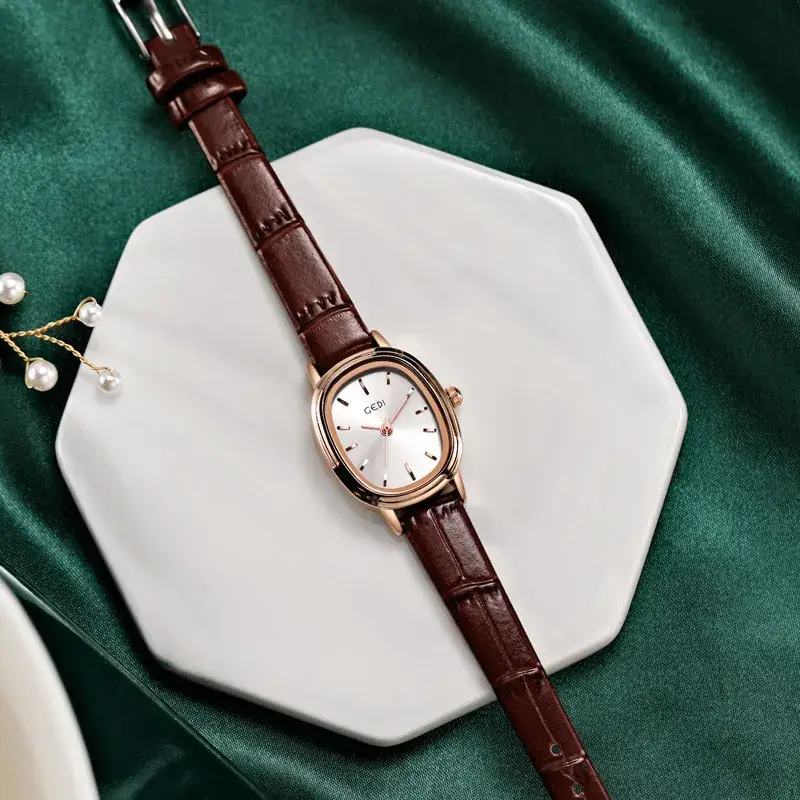 Women's Gold Retro Watch with Green Dial & Genuine Leather Band - Image 11