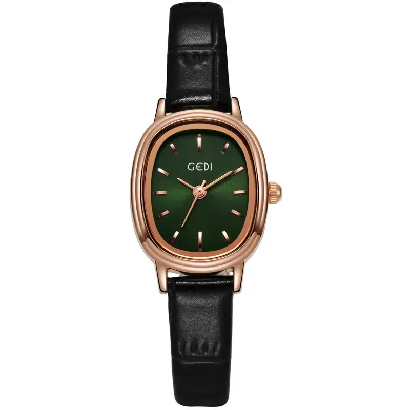 Women's Gold Retro Watch with Green Dial & Genuine Leather Band - Image 3