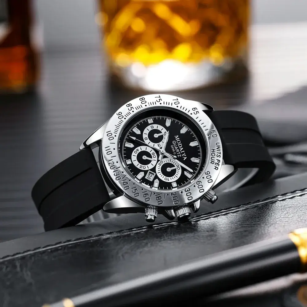 Men's Black Silicone Watch with Luminous Hands & Date Display - Image 3