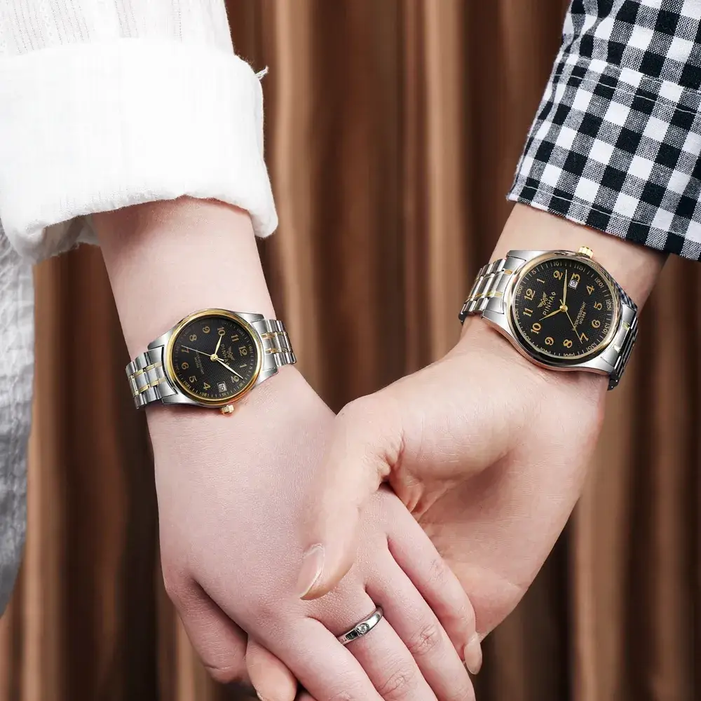 Alloy Steel Couple Watch Gold Black Dial 2022 - Image 7