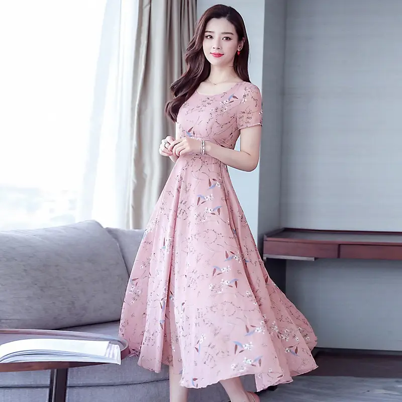 Mother's Printed Korean Dress Large Size Pink