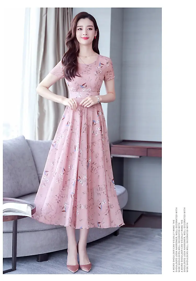 Mother's Printed Korean Dress Large Size Pink — feature 14