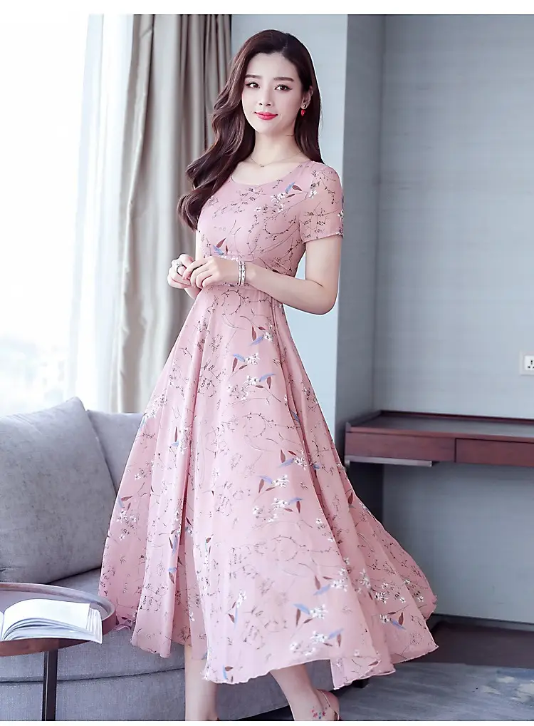 Mother's Printed Korean Dress Large Size Pink — feature 15