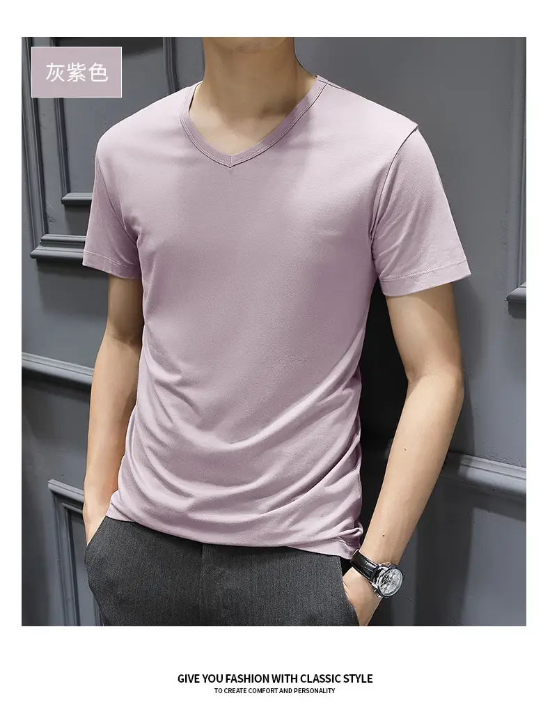 Men V-Neck Thin T-Shirt Modal Fabric Purple — feature 18