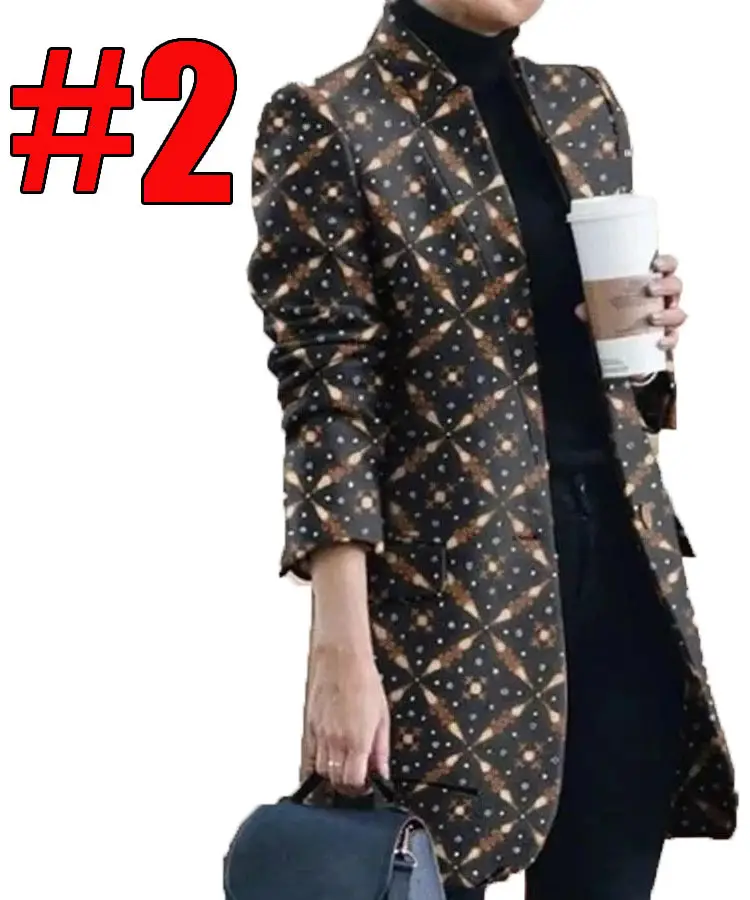 Women Printed Woolen Coat Autumn Winter European American Fashion - Image 2