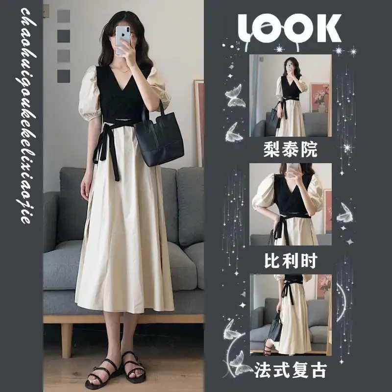 Summer Dress Black Puff Sleeve Large Skirt French Style - Image 2