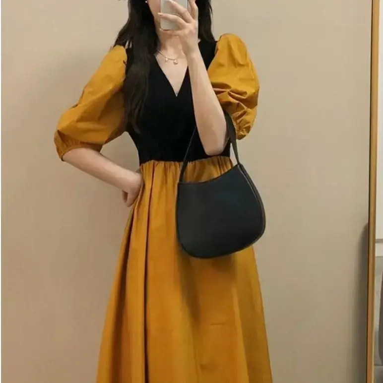 Summer Dress Black Puff Sleeve Large Skirt French Style - Image 4