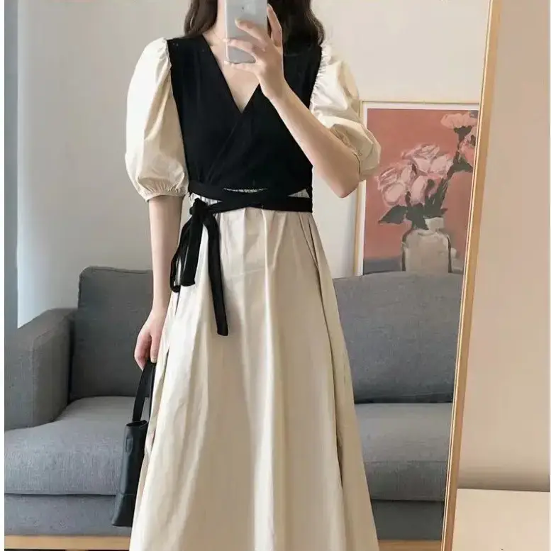 Summer Dress Black Puff Sleeve Large Skirt French Style - Image 5