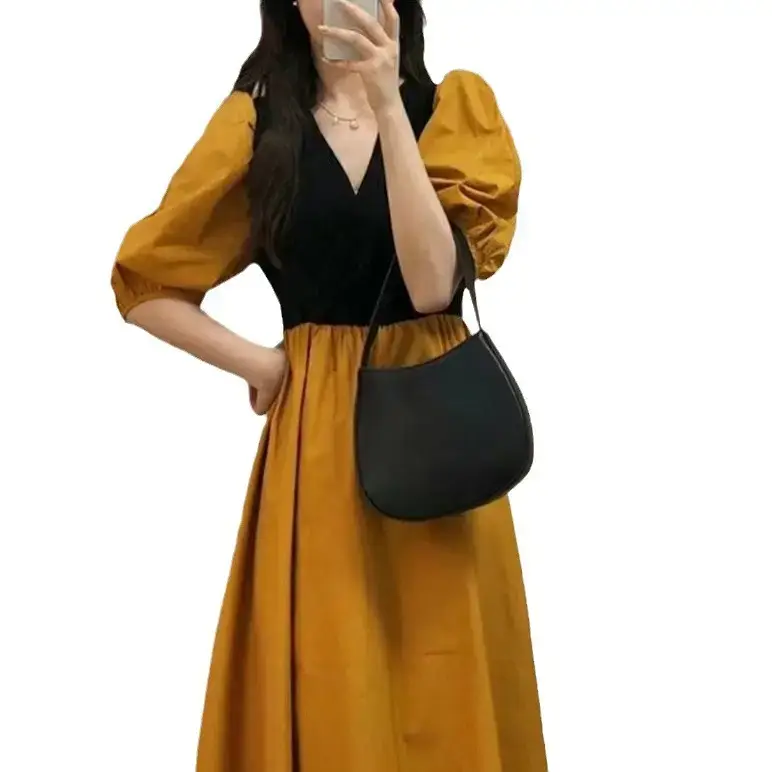 Summer Dress Black Puff Sleeve Large Skirt French Style - Image 6