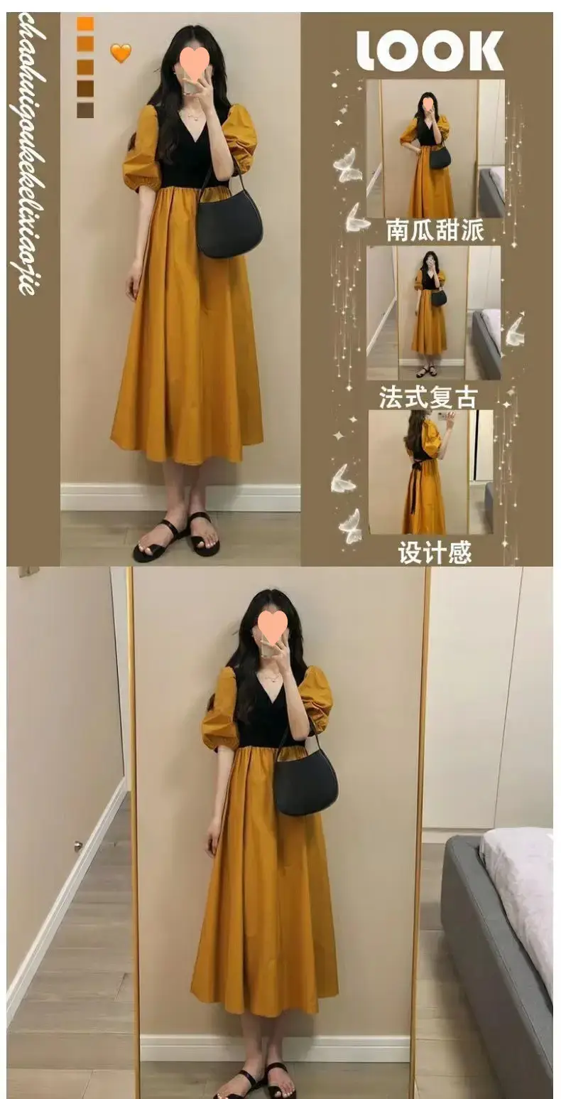 Summer Dress Black Puff Sleeve Large Skirt French Style — feature 2